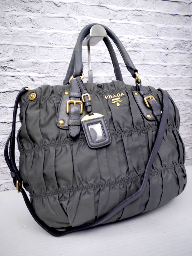 送料関税込◇PRADA ギャザー 2way トートバッグ レア PRADA プラダ ギャザーデザイン ナイロンxレザー切替