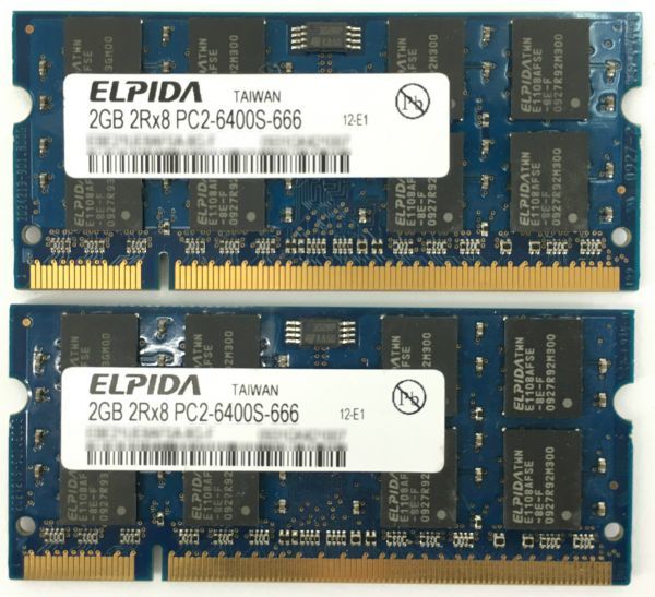 【2G×2枚組】ELPIDA PC2-6400S(DDR2-800) 計4G 2R×8 中古メモリー ノートPC用 DDR2 即決 動作保証【送料無料】の画像2