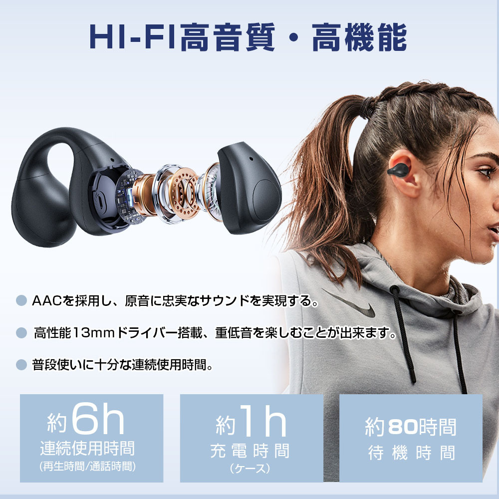 ワイヤレスイヤホン 骨伝導 bluetooth5.3 イヤホン ワイヤレス マイク付き ノイズキャンセリング 完全ワイヤレスイヤホン ブラック_画像5