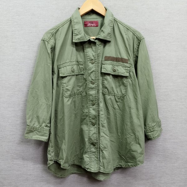 D332 AVIREX Avirex long sleeve military shirt L khaki olive back stencil print American Casual Work old clothes 