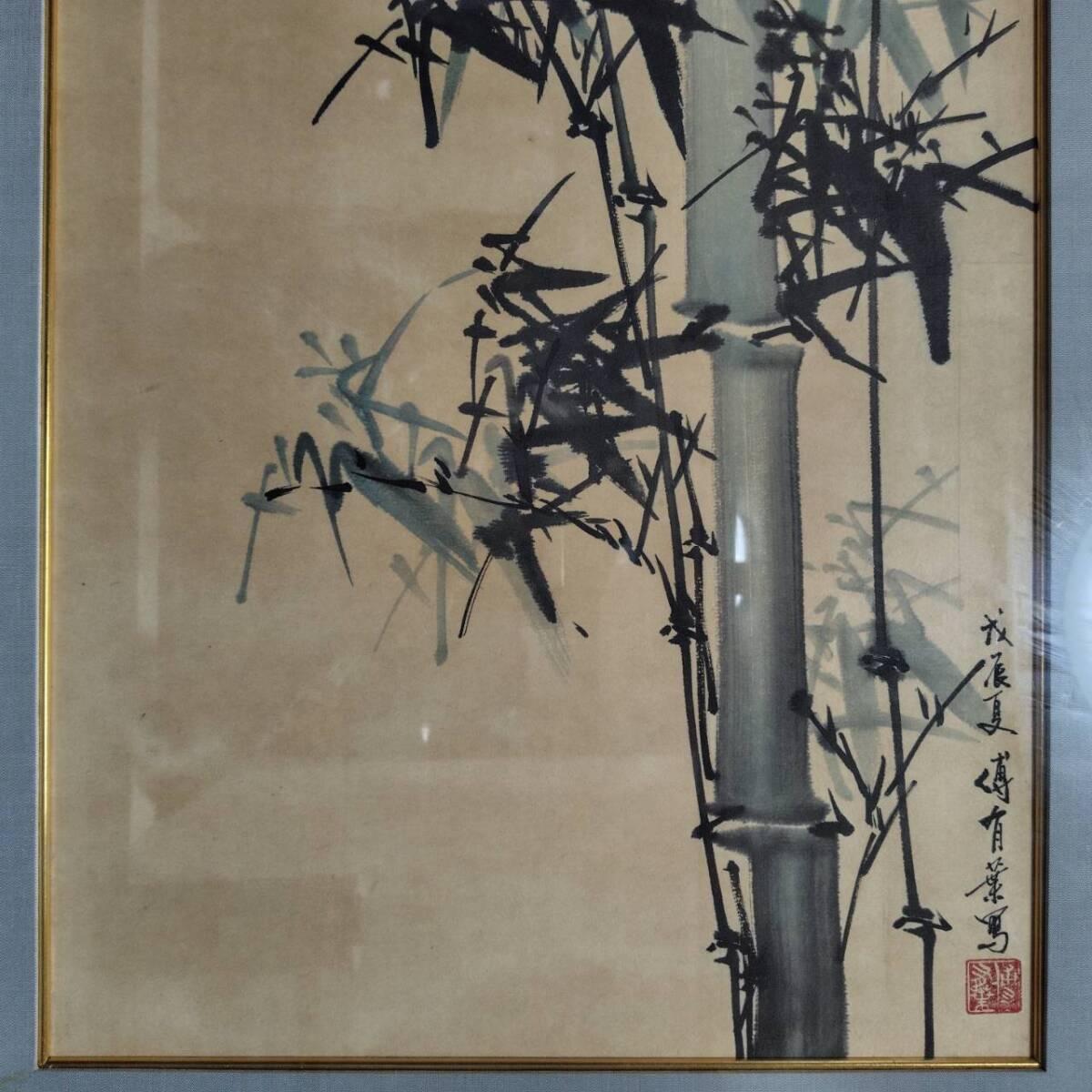  water ink picture landscape painting . bamboo . have leaf green . genuine work frame control number YH-156