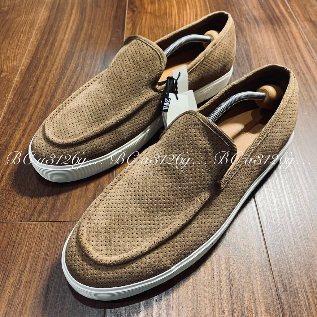 新品 ZARA 本革 パンチングレザースリッポン 28.5cm 44 SUEDE BEIGE メンズ ザラ レザー スニーカー シューズ スリッポン タグ付き_画像2