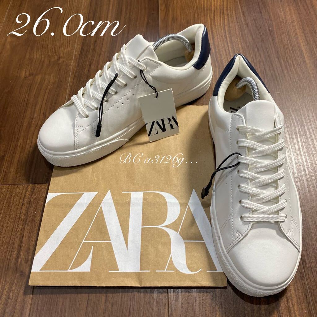 新品 ZARA PUレザースニーカー 26.0cm 40 WHITE/NAVY メンズ ザラ スニーカー シューズ ローカット タグ付き スタンスミスタイプの画像1