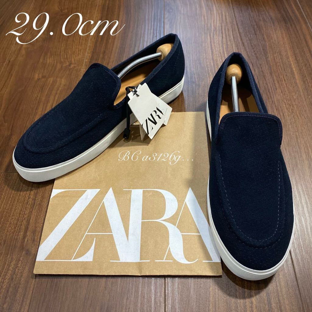 新品 ZARA 本革 パンチングレザースリッポン 29.0cm 45 SUEDE NAVY メンズ ザラ レザー スニーカー シューズ スリッポン タグ付き_画像1