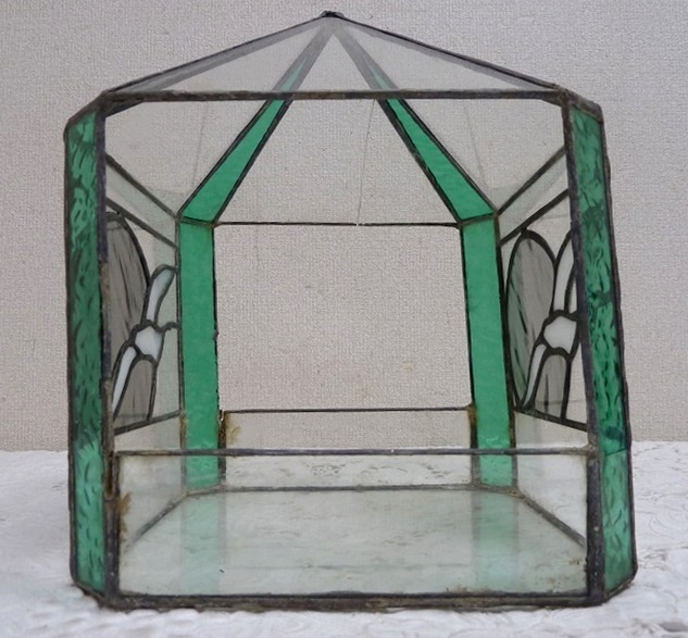 (☆BM)ステンドグラス(0122-⑩)テラリウム 高さ26.5㎝ ドーム型/ピラミッド型 ガラス 観葉植物 鉢入れ ポットスタンド グリーン レトロ_画像3