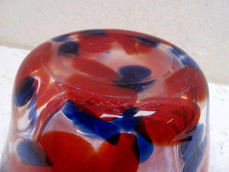 (☆BM)昭和レトロ マーブル ガラス 花器 フラワーベース 赤×青 トリコロールカラー ポットカバー 鉢入れ 金魚鉢 めだか鉢 水盤の画像7