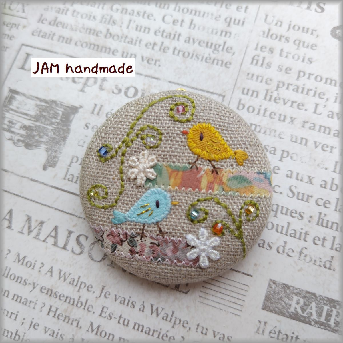JAM hand made brooch bag charm 2 piece set Liberty linen.... none patch stitch hand embroidery 