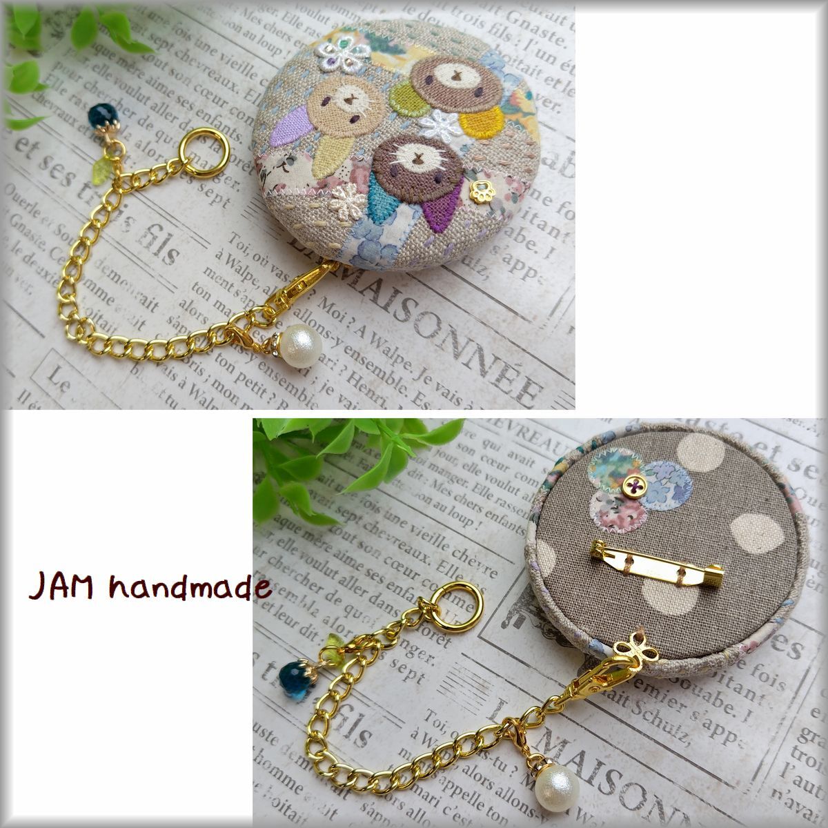 JAM hand made brooch bag charm 2 piece set Liberty linen.... none patch stitch hand embroidery 