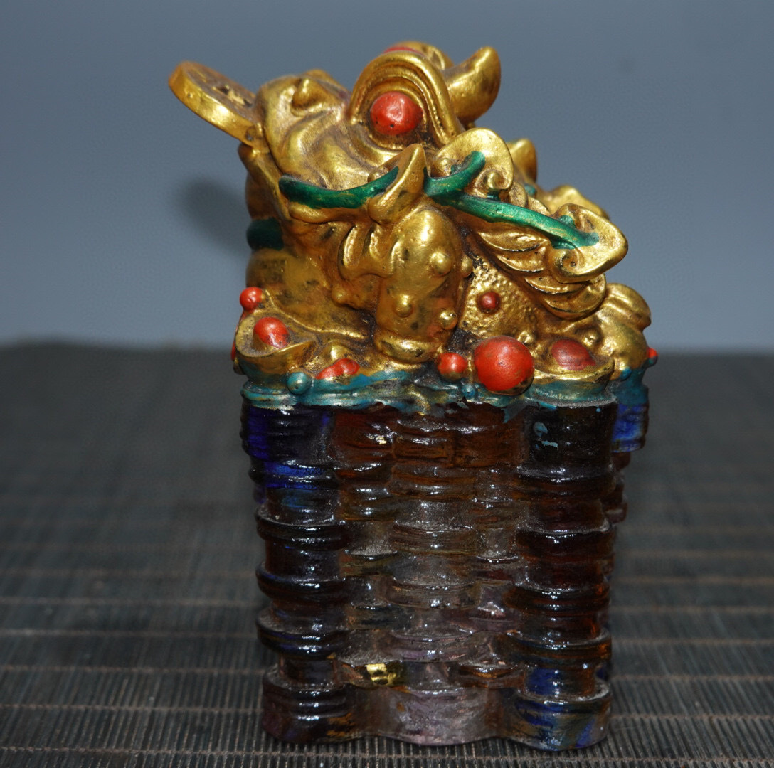 清・古法琉璃彫・彩繪・金蟾印章』極細工 置物古賞物 中国 清・古法琉璃彫・彩繪・金蟾印章』極細工 置物古賞物 中国