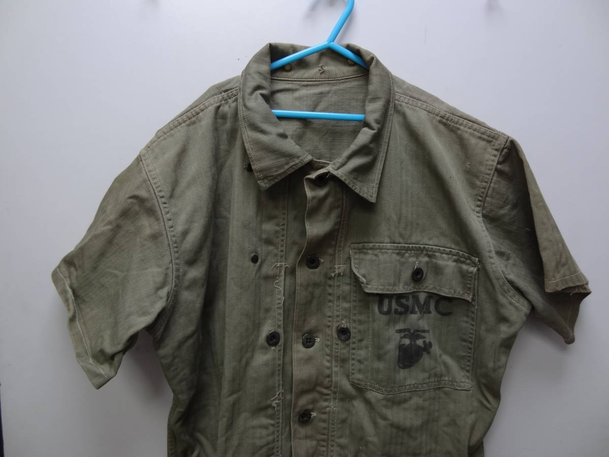 希少品 1940年代製 USMC 海兵隊 米軍実物 M44 ヘリンボーンジャケット 袖を半袖にリメイク品 USA ミリタリービンテージ戦闘服