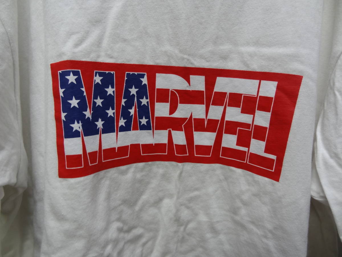 全国送料無料 マーベル MARVEL メンズ 綿100%素材 星条旗柄ボックスロゴプリント 半袖白色Tシャツ サイズ L