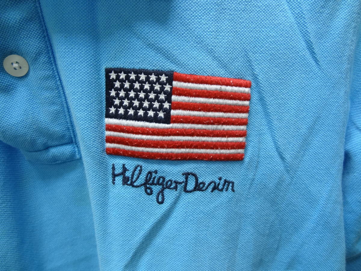 全国送料無料 USA アメリカ古着 トミーヒルフィガーデニム TOMMY HILFIGER メンズ 星条旗刺 BIGサイズ 半袖水色ポロシャツ XXLサイズ