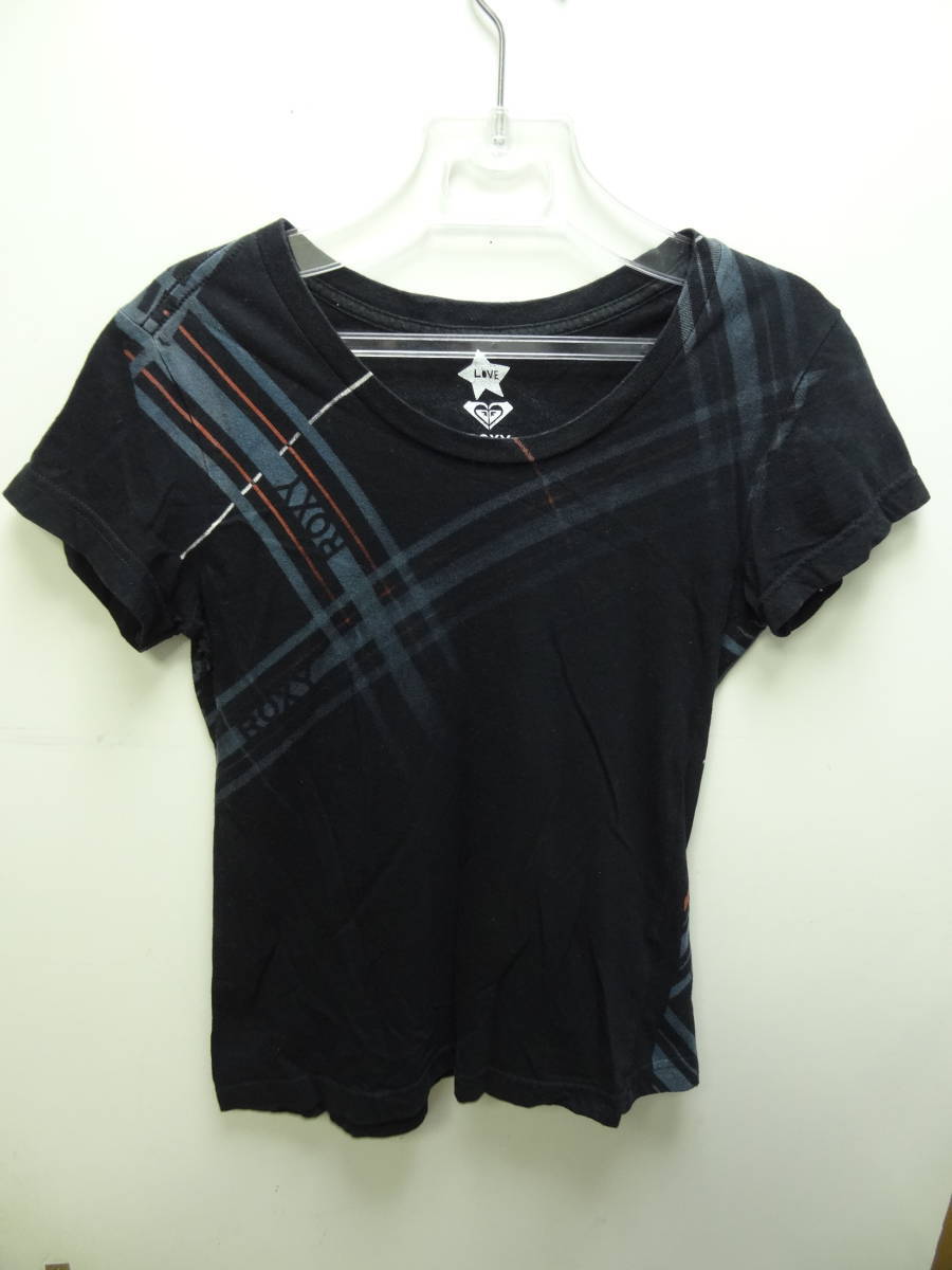 全国送料無料 ロキシー ROXY レディース 斜めチェックプリント 半袖サーファー黒色Tシャツ サイズ S_画像1