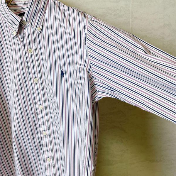 ラルフローレン ＢＤ長袖シャツ 薄手 マルチカラーストライプ ポニー刺繍 古着の画像6