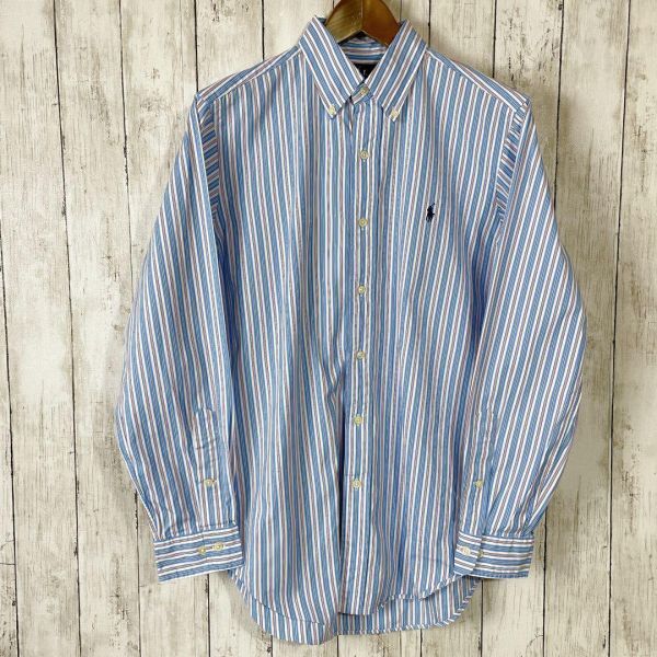  Ralph Lauren популярный синий blue полоса размер M BD рубашка с длинным рукавом мужской б/у одежда 