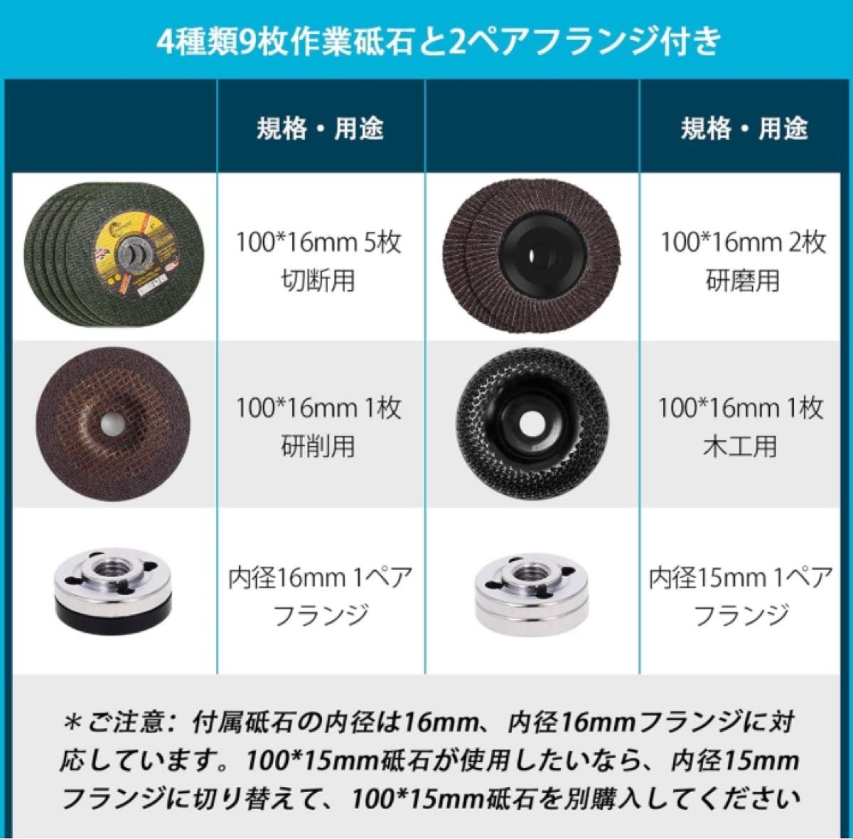 電動グラインダー 本体のみ 18Vマキタバッテリー対応 充電式 100mm コードレス 3段変速 砥石9枚付