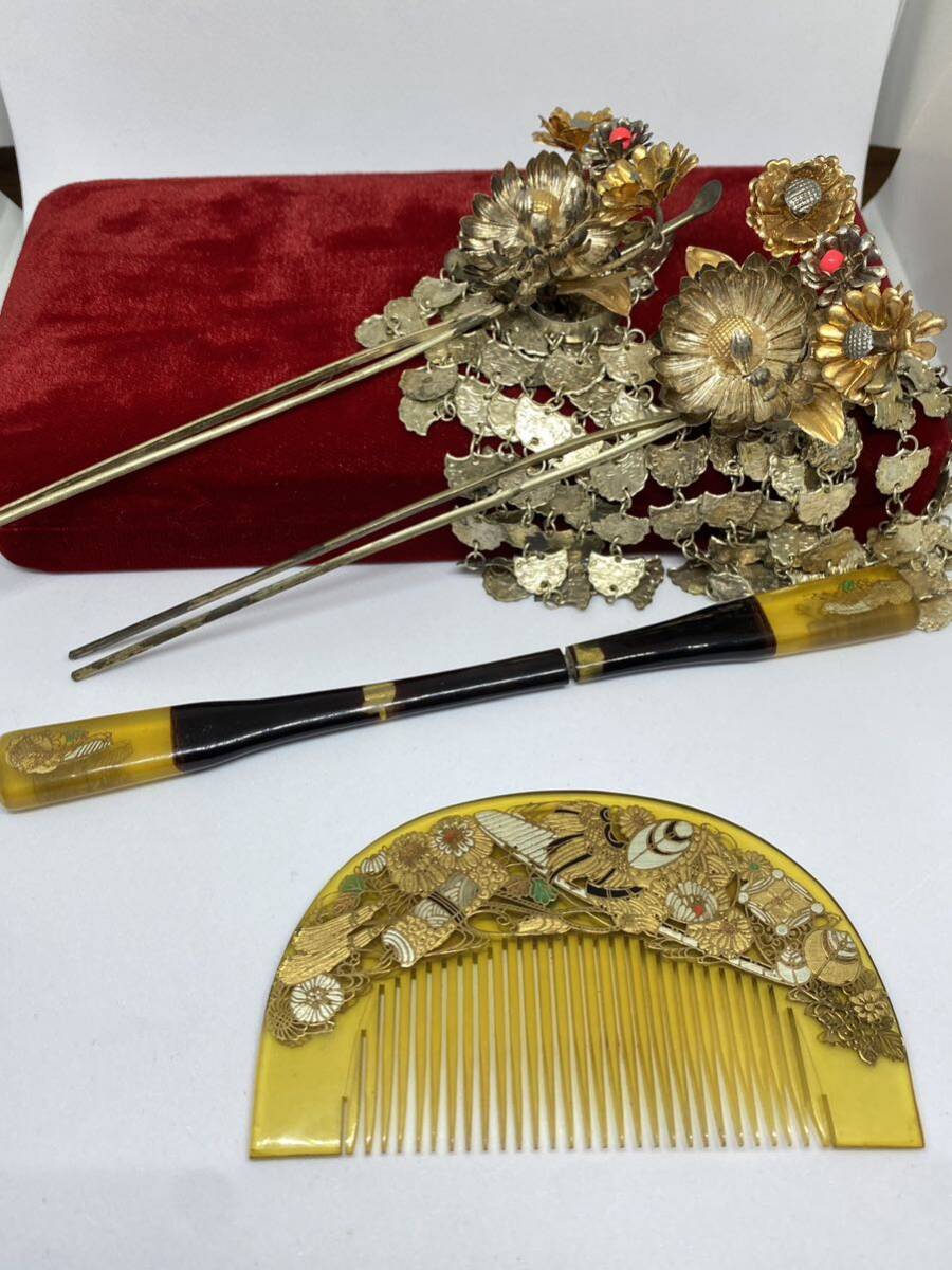 1 jpy ~ antique kimono small articles hair ornament retro Japanese coiffure Japanese clothes tortoise shell silver flyer . Showa era Taisho that time thing rare rare silver gold industrial arts tradition industrial arts selling up 