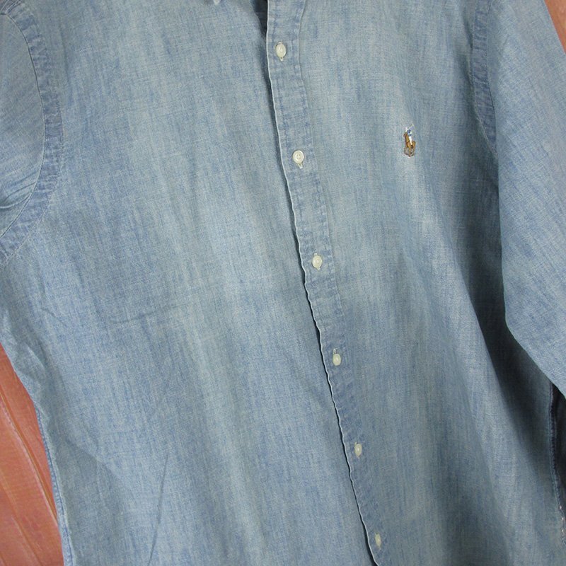 AS8381 Polo Ralph Lauren ポロラルフローレン シャンブレー ボタンダウンシャツ USED加工 ブルー系 L 未使用_画像6