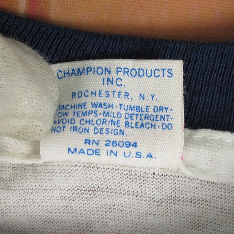 ST10323 Vintage Champion 70s Converse Lynn ga- T-shirt latter term red bar tag stain included print USA made MEDIUM( click post possible )