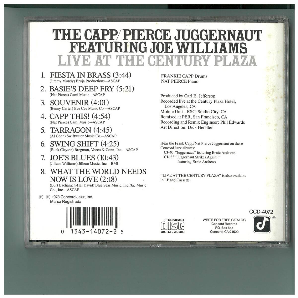CD☆The Capp☆Pierce Juggernaut Featuring Joe Williams☆Live At The Century Plaza☆帯付☆CCD-4072☆CONCORD JAZZの画像2