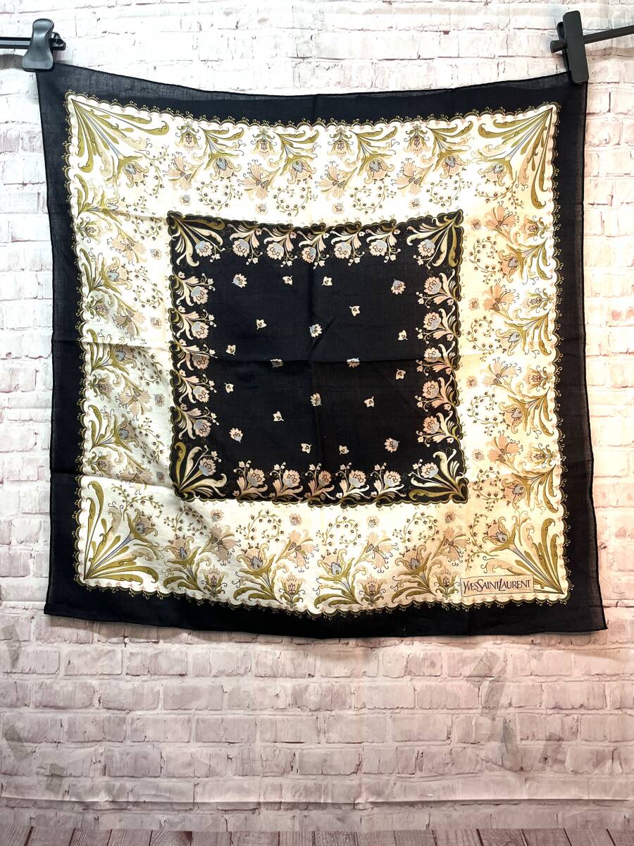 Yves Saint Laurent　イヴ サンローラン　スカーフ　ショール　ストール　綿　麻　縁ブラック　花　65×65_画像1