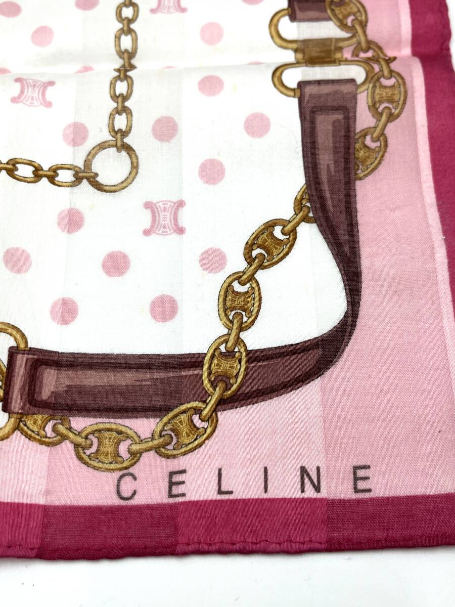 CELINE　セリーヌ　スカーフ　ハンカチ　コットン　マカダム　ドット　ピンク系　50×50_画像5