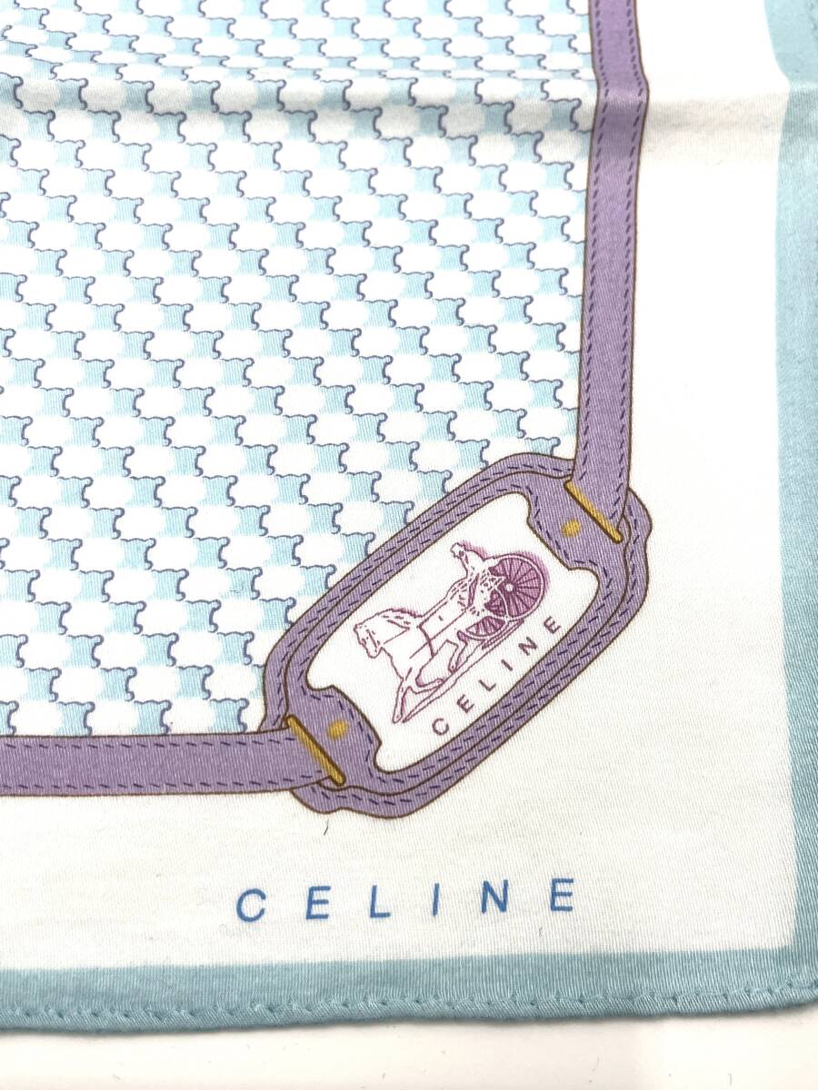 CELINE　セリーヌ　スカーフ　ハンカチ　ライトブルー系　マカダム　コットン　50×50