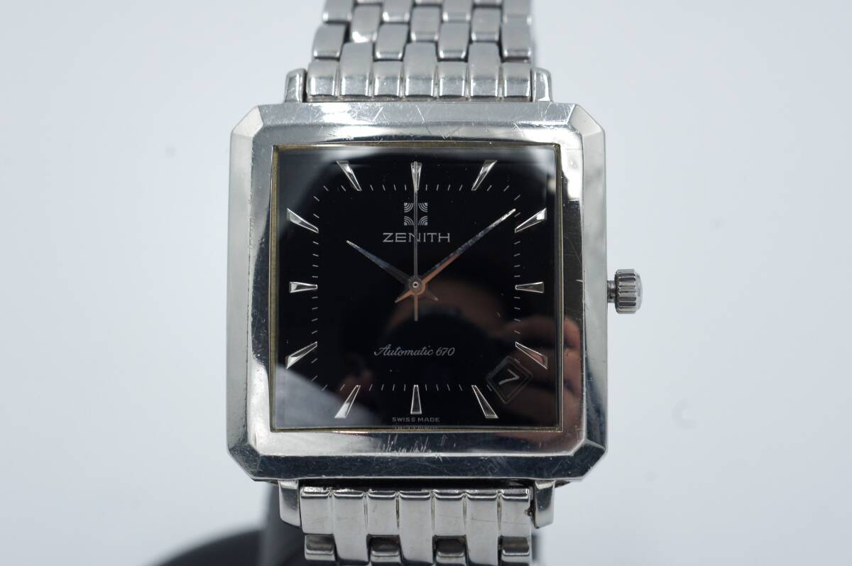 U4146/【中古品】ZENITH ゼニス クラスエリート デイト スクエア 90/10.0100.670 自動巻き ブラック メンズ ヴィンテージ ステンレス_画像1