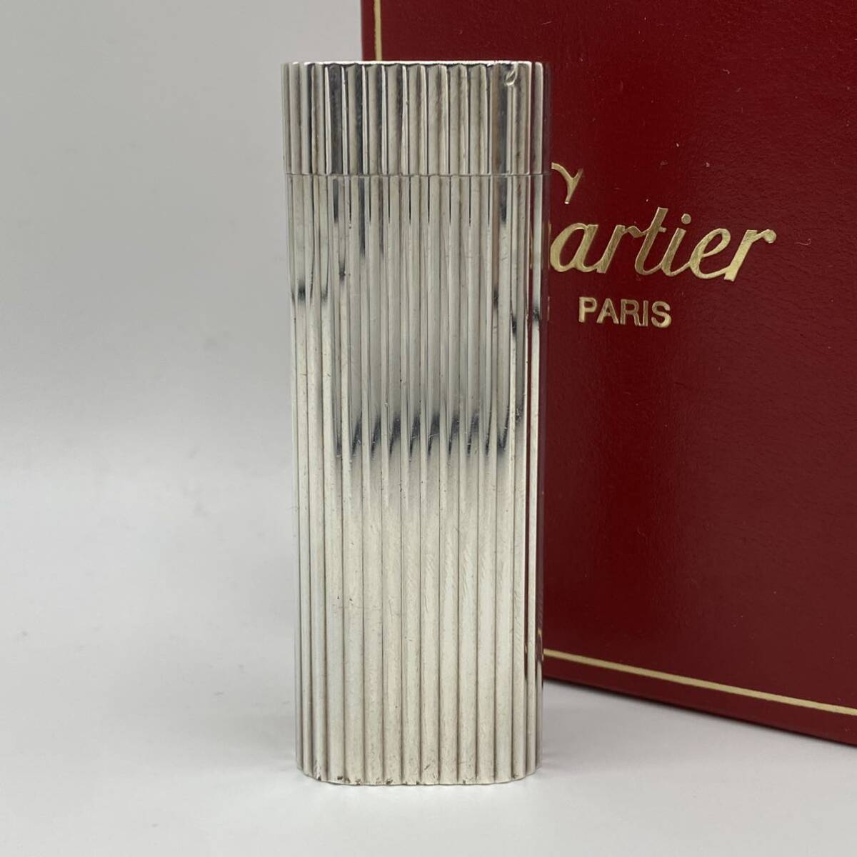 1円 極美品【ガス満タン フリンジ交換済】Cartier カルティエ ガスライター メンズ シルバーストライプ 箱付き タバコ 喫煙具 ローラー式の画像3