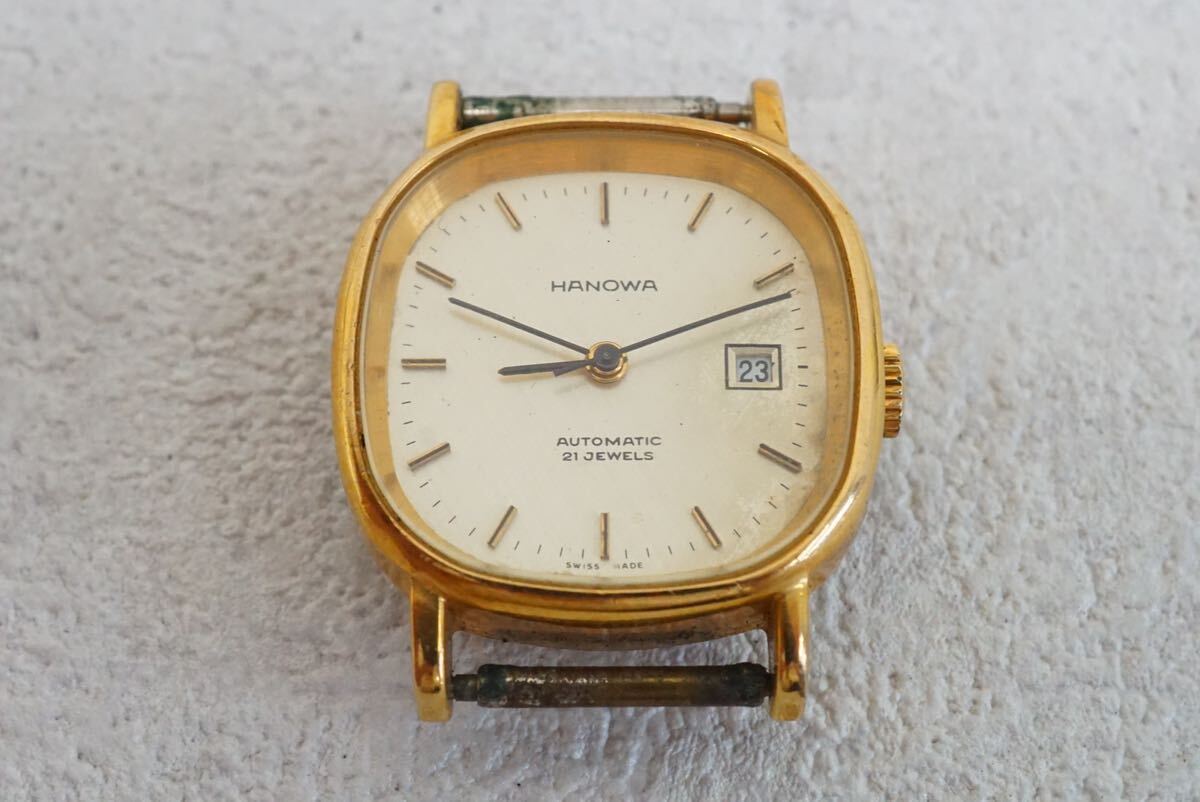 F548 稼動品 HANOWA AUTOMATIC/自動巻き レディース 腕時計 ゴールドカラー スクエア 21石 SWISS MADE/スイス製 ブランド アクセサリーの画像1