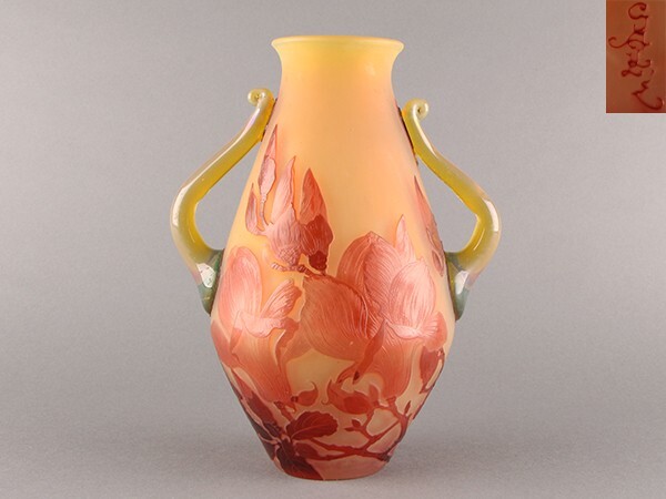 【K】美術品 Emile Galle エミール・ガレ 花文 花瓶 高26㎝ 被せガラス 酸化腐触彫り うぶだし品 e593の画像1