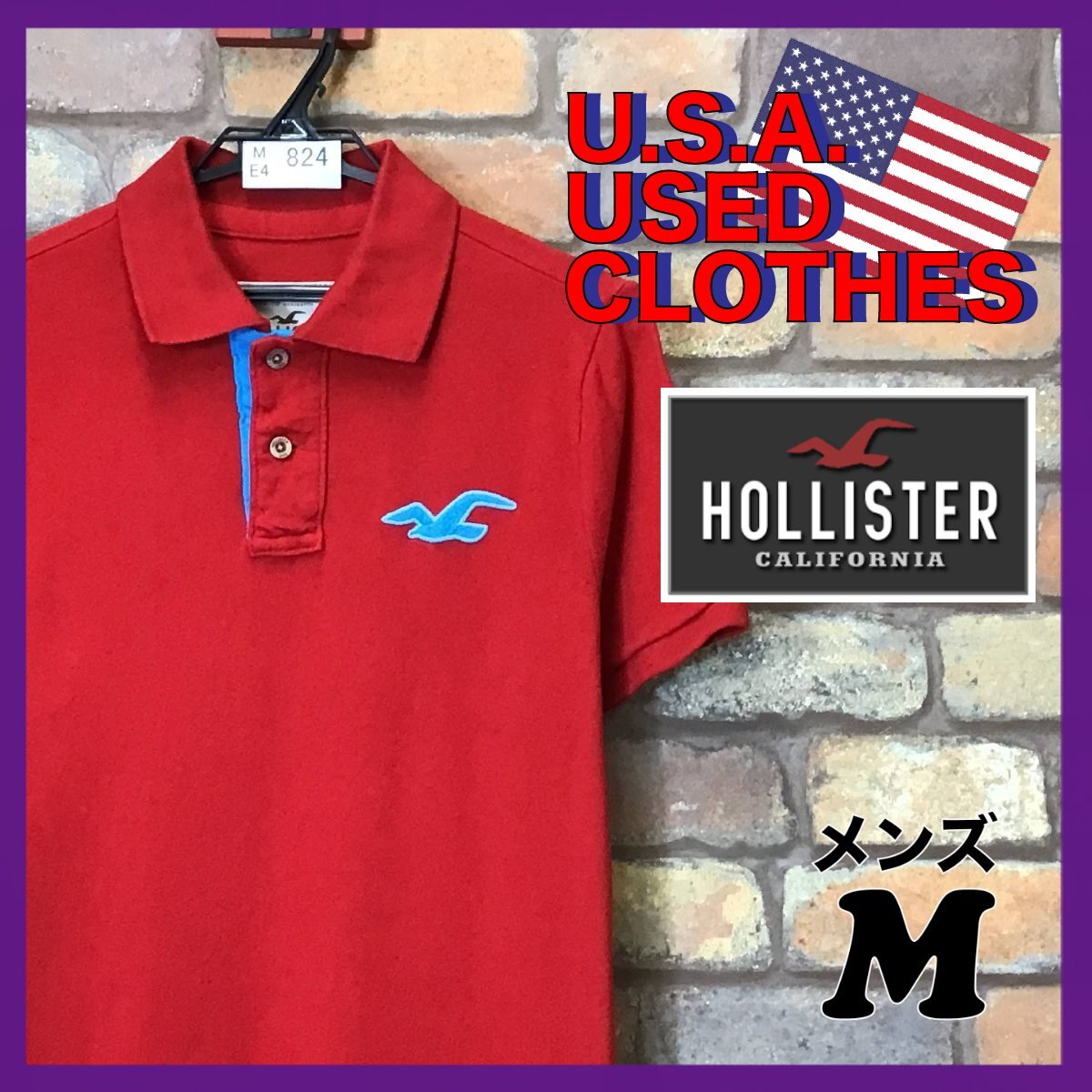 ME4-824★状態良好!!★USA買付商品★【HOLLISTER ホリスター】ロゴ刺繍 半袖 ポロシャツ【メンズ M】赤 レッド サーフ 西海岸 USA古着の画像1