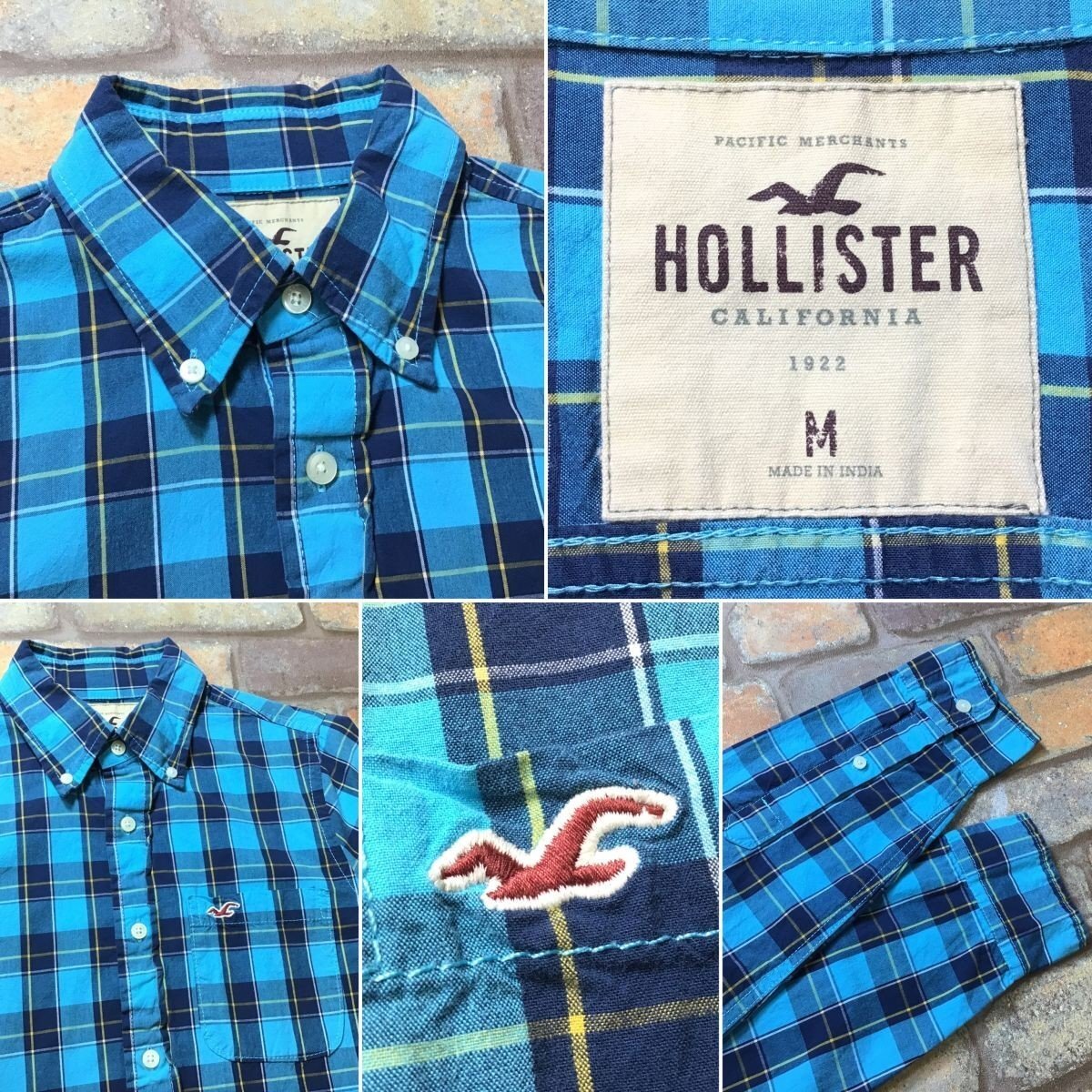 ME9-318★USA買付商品★良品【HOLLISTER ホリスター】爽やかカラー 長袖 BDシャツ【メンズ M】青×紺 チェック ボタンダウン 古着 サーフの画像5