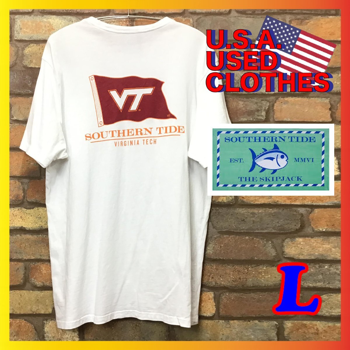 ME11-183★アメリカ古着★状態良好★USAカレッジ★【Southern Tide×バージニア工科大学】両面プリント 半袖Tシャツ【メンズ L】白Tシャツの画像2