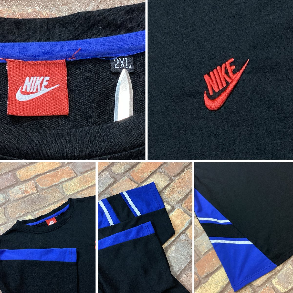 ME12-145★USA買付品★オーバーサイズ【NIKE ナイキ】胸刺繍ロゴ 袖切替 クルーネックTシャツ【メンズ 2XL】ブラック アメカジ ストリート_画像4