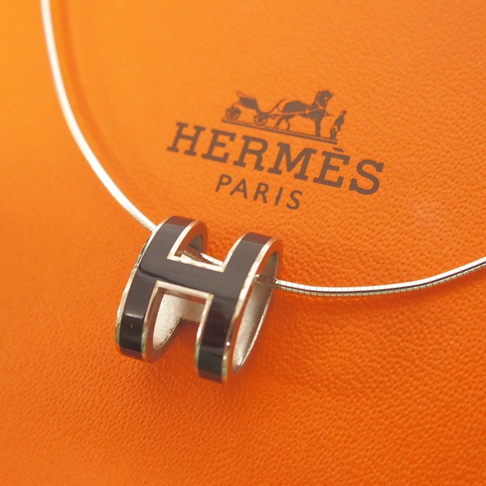 f002 Z2 エルメス HERMES ネックレス ポップアッシュ ポップＨ ブラック×シルバーアクセサリー 箱入り_画像1