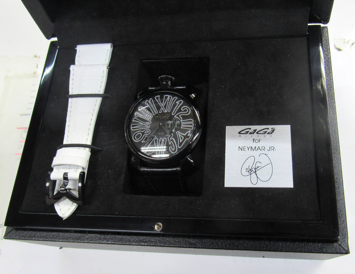 【動作品】GaGaMILANO ガガミラノ マヌアーレスリム 46MM メンズ腕時計 ネイマール Jr 限定038/110 ブラック ベルト付の画像3
