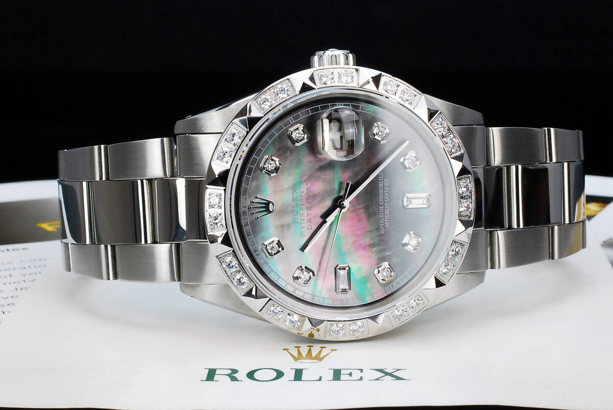 S級極美品【2年/本物保証】ブラックシェル デイトジャスト ROLEX 36mm 8+2P 天然ダイヤ Ref.1601 サファイアガラス風防 OH済の画像5