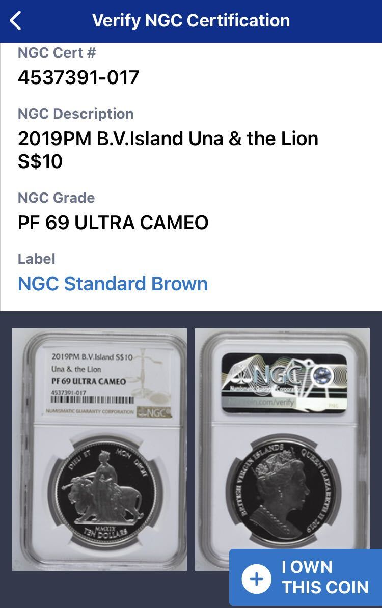 10ドル版 NGC鑑定PF69 ウナとライオン 2019年 イギリス領 ヴァージン諸島 1オンス銀貨 シルバーコイン リバースプルーフ 英国 BVI Una Lion_画像8