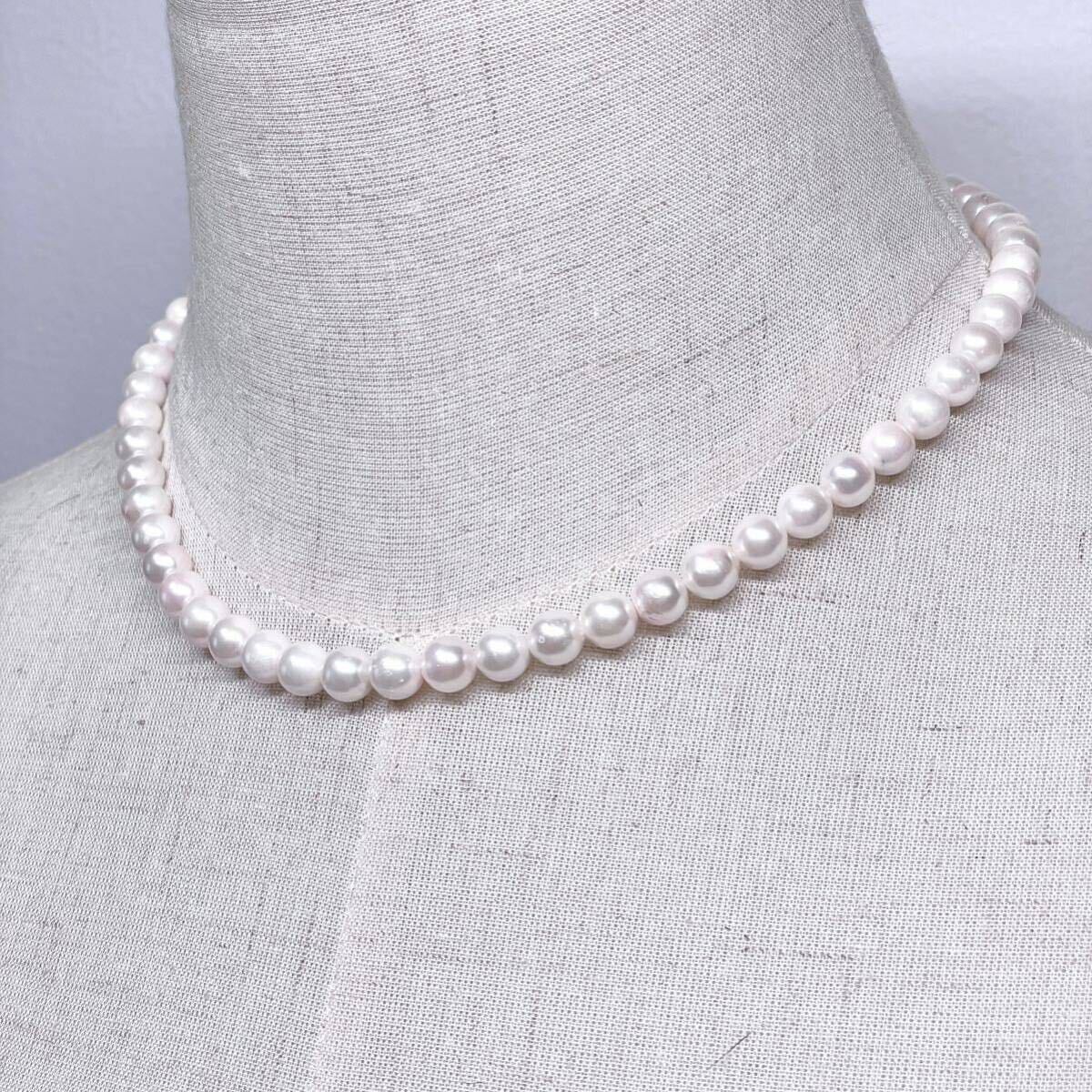 テリ強 美品 アコヤ真珠 ネックレス 7.0-7.5mm アコヤパール ラウンド ホワイトピンク系 pearl necklace jewelry silver刻印の画像4