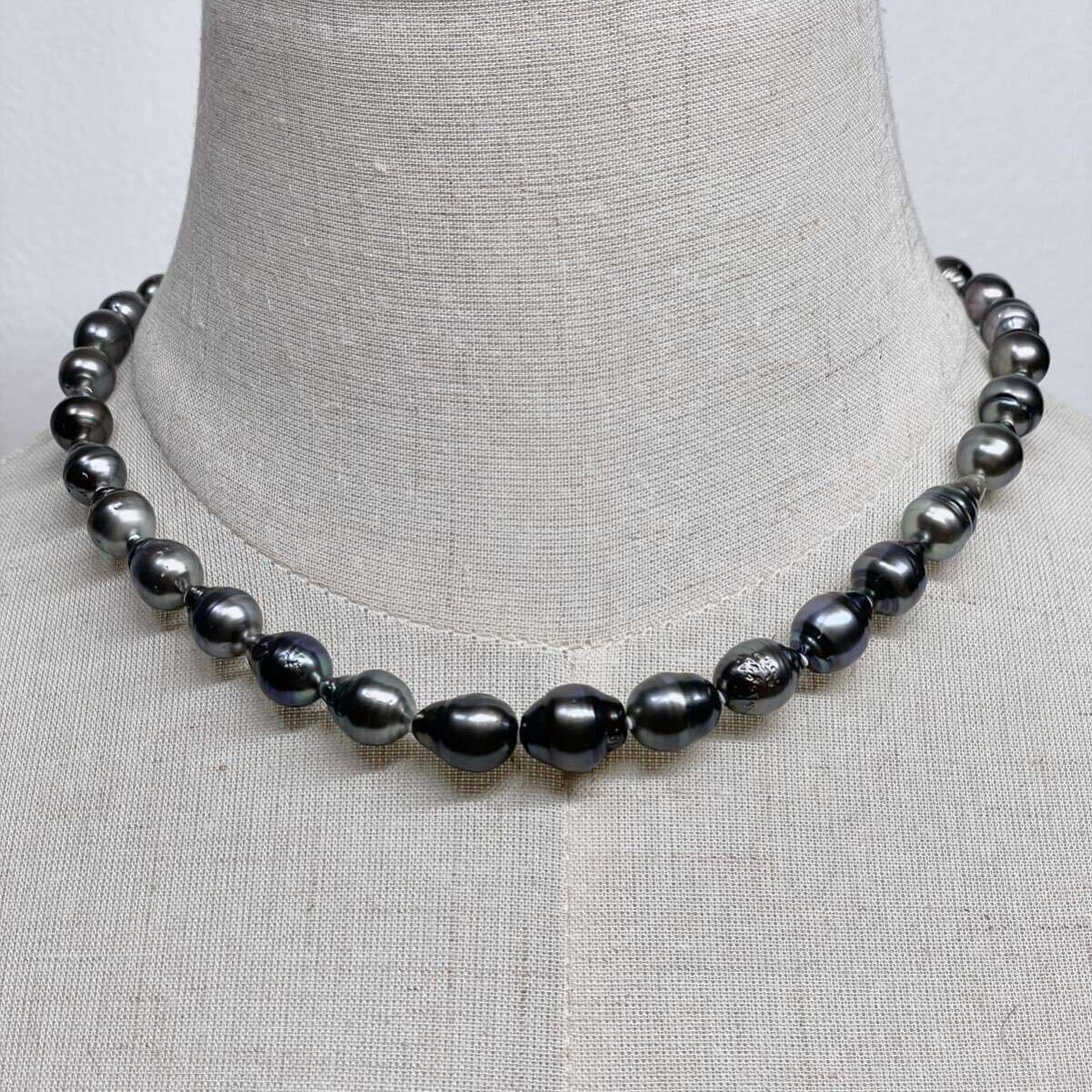 良質!! テリ強 黒蝶真珠 ネックレス 約44.5cm 8.0-11.0mm ブラックパール 黒真珠 pearl necklace jewelry silverの画像3