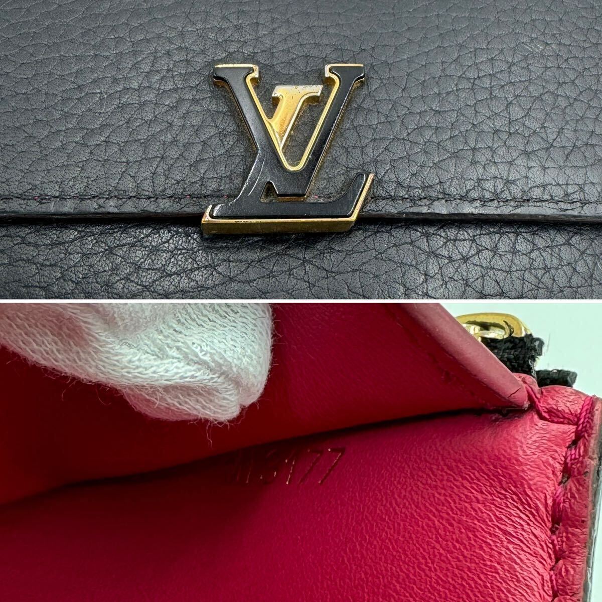 1円 【美品】 付属品有 LOUIS VUITTON ルイヴィトン 三つ折り財布 ポルトフォイユ カプシーヌ トリヨン レザー 黒 ピンク MI3177 _画像5