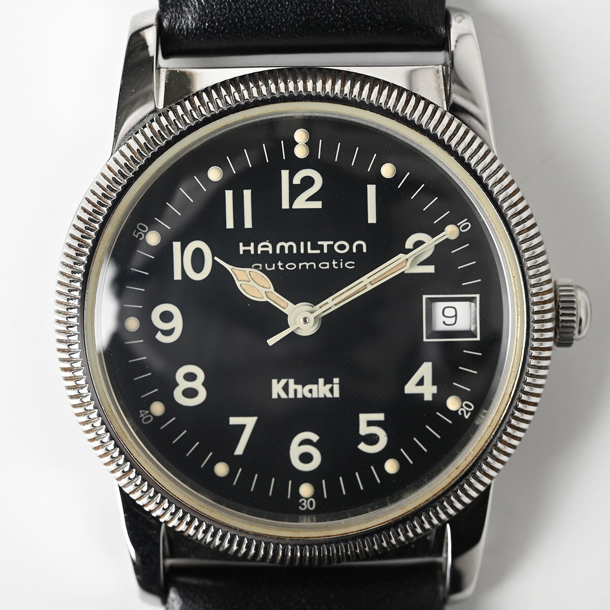 【稼働品】ハミルトン カーキ 腕時計 自動巻 デイト 黒文字盤 8753 ケース付 HAMILTON Khaki Automatic メンズ/紳士の画像1