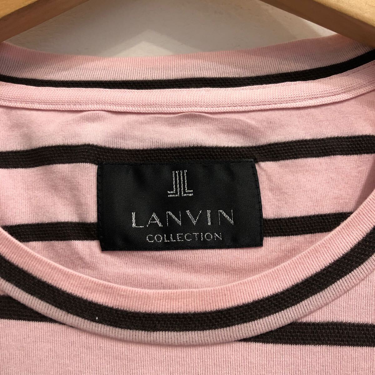 LANVIN COLLECTION ランバン ボーダー長袖Tシャツ ピンク ブラウン コットン100% 日本製 サイズLB ロンT LA-NL-81592 メンズ トップス 美品_画像2