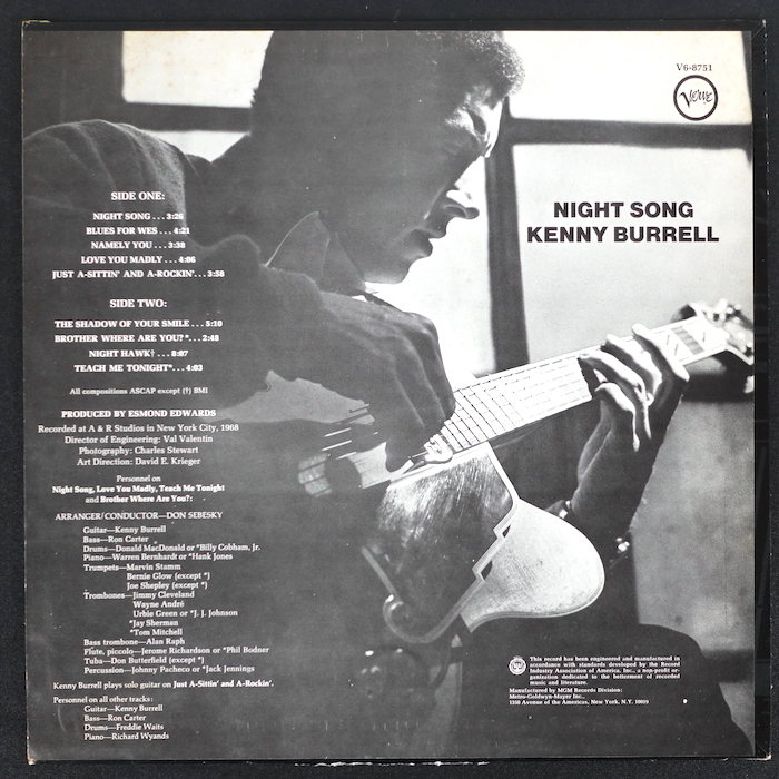 Kenny Burrell Night Song US-ORIGINAL 黒T DG V6-8751 ジャズ_画像2