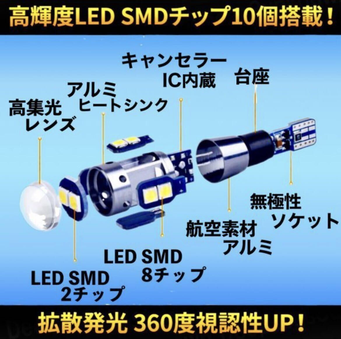 T10 T16 LED バルブ ホワイト 2個 爆光 10連 12V 24V CANBUS キャンセラー ポジション バックランプ ウインカー ナンバー 車検対応 明るいの画像9