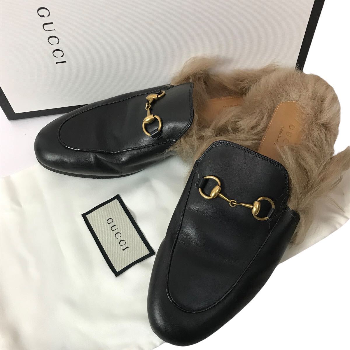 j99 GUCCI グッチ プリンスタウン ホースビット ローファー レザー シューズ ファー ミュール 37 ブラック 正規品 箱付 レディース 良品_画像1