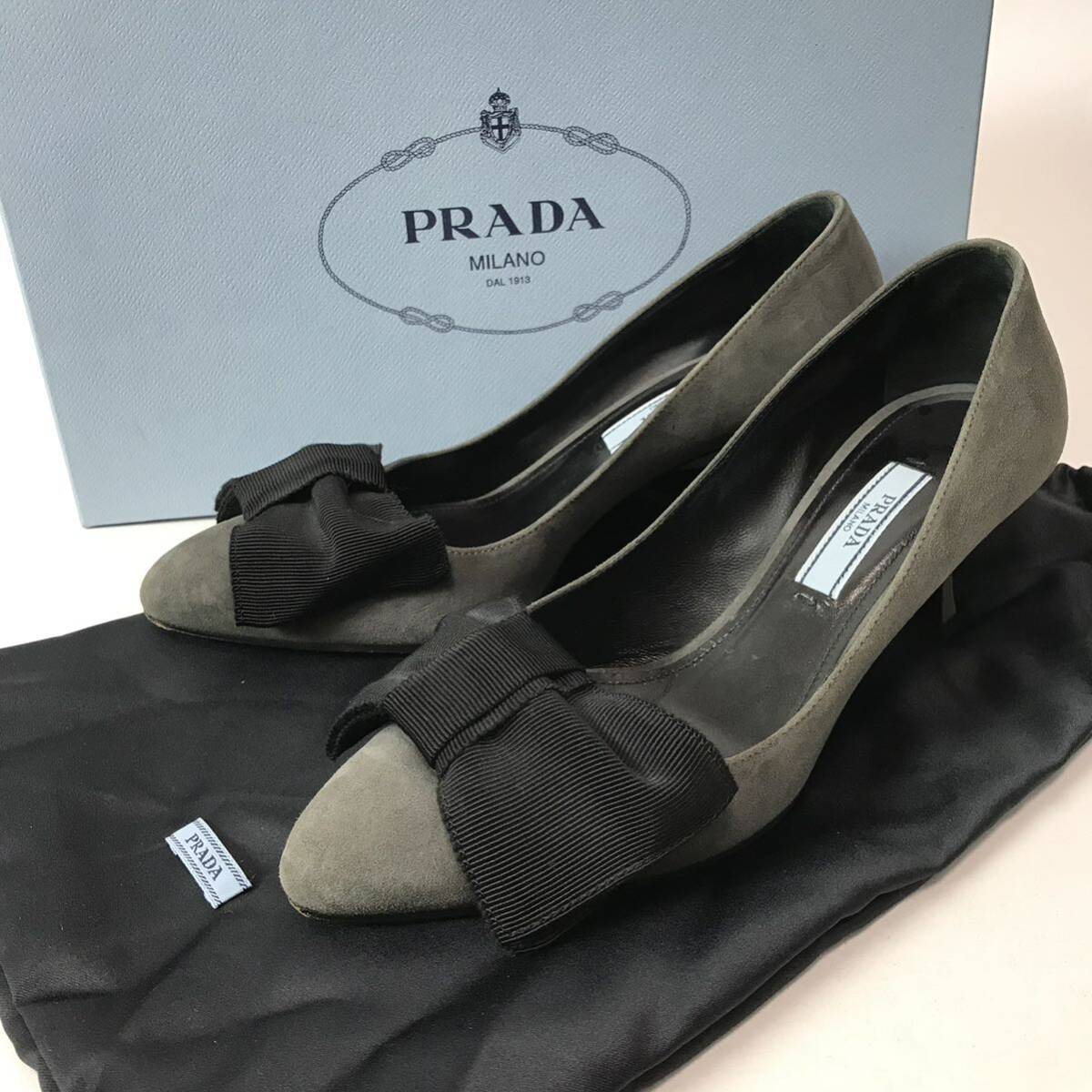 j100 良品 レア PRADA プラダ スエードレザー パンプス リボン ハイヒール フォーマル グレー ブラック 34.5 イタリア製 正規品 箱付　