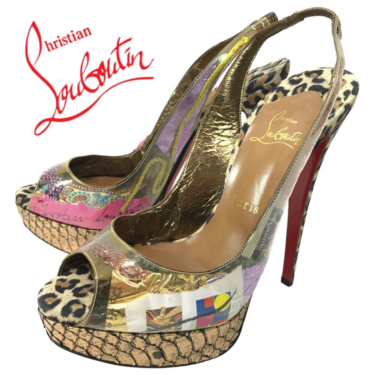 j136 Christian Louboutin クリスチャンルブタン オープントゥ パンプス サンダル ハイヒール ピンヒール レザー ビニール 38.5 正規品_画像1