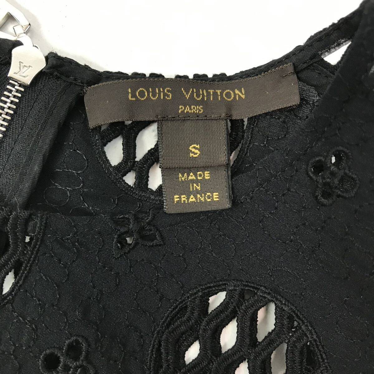 j154 美品 LOUIS VUITTON ルイヴィトン コットン レース ワンピース 長袖 ドレス キャミペチコート付き S フランス製 ブラック 正規品_画像6